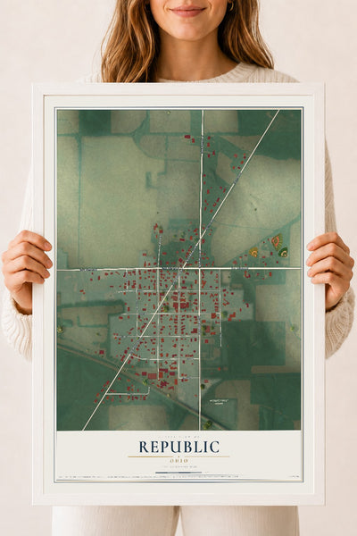 Map of Republic, Ohio, 18 x 24 inch print in a white wood frame