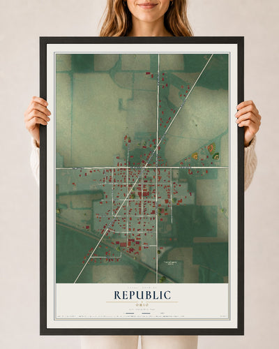 Map of Republic, Ohio, 24 x 36 inch print in a black wood frame
