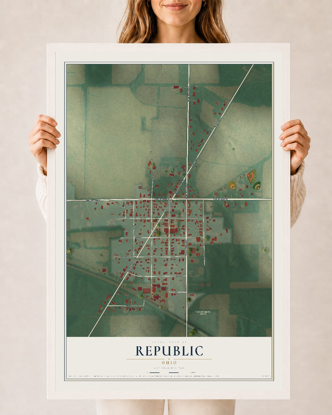 Map of Republic, Ohio, 24 x 36 inch print in a white wood frame