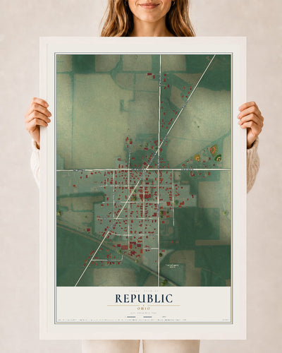 Map of Republic, Ohio, 24 x 36 inch print in a white wood frame