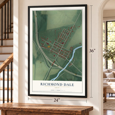 Richmond Dale, Ohio map, 24 x 36 inch print in a black frame by a staircase