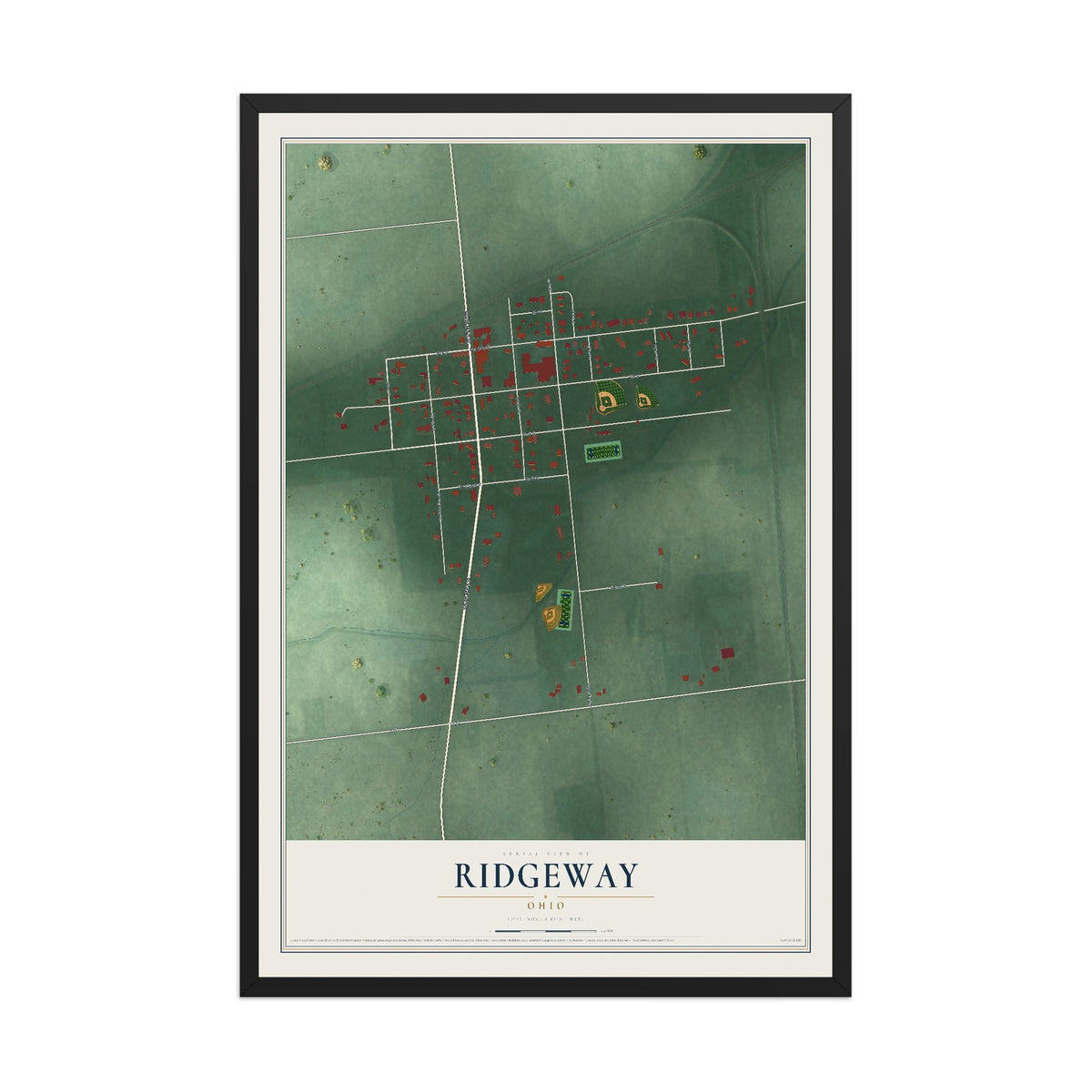 Map of Ridgeway, Ohio, 12 x 18 inch print in a black wood frame