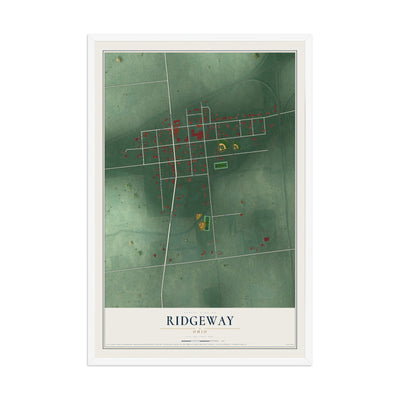 Map of Ridgeway, Ohio, 12 x 18 inch print in a white wood frame