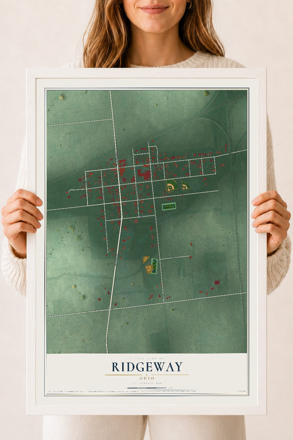 Map of Ridgeway, Ohio, 18 x 24 inch print in a white wood frame