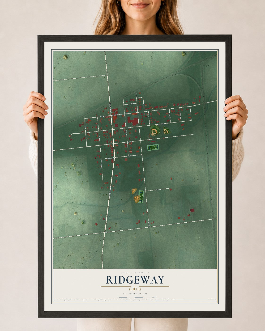 Map of Ridgeway, Ohio, 24 x 36 inch print in a black wood frame