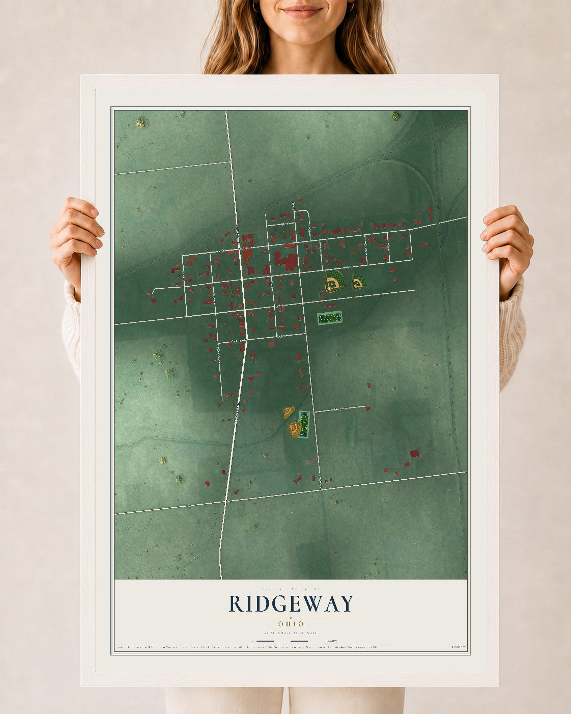 Map of Ridgeway, Ohio, 24 x 36 inch print in a white wood frame