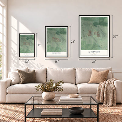 Ridgewood, Ohio map in 12 x 18, 18 x 24 and 24 x 36 inch sizes above a sofa