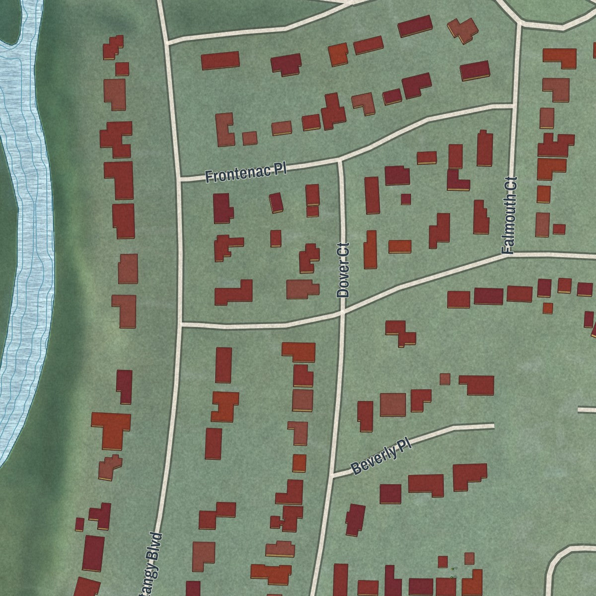 Close-up of the map of Riverlea, Ohio print showing street and building detail
