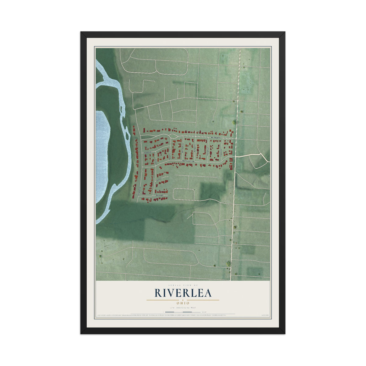 Map of Riverlea, Ohio, 12 x 18 inch print in a black wood frame