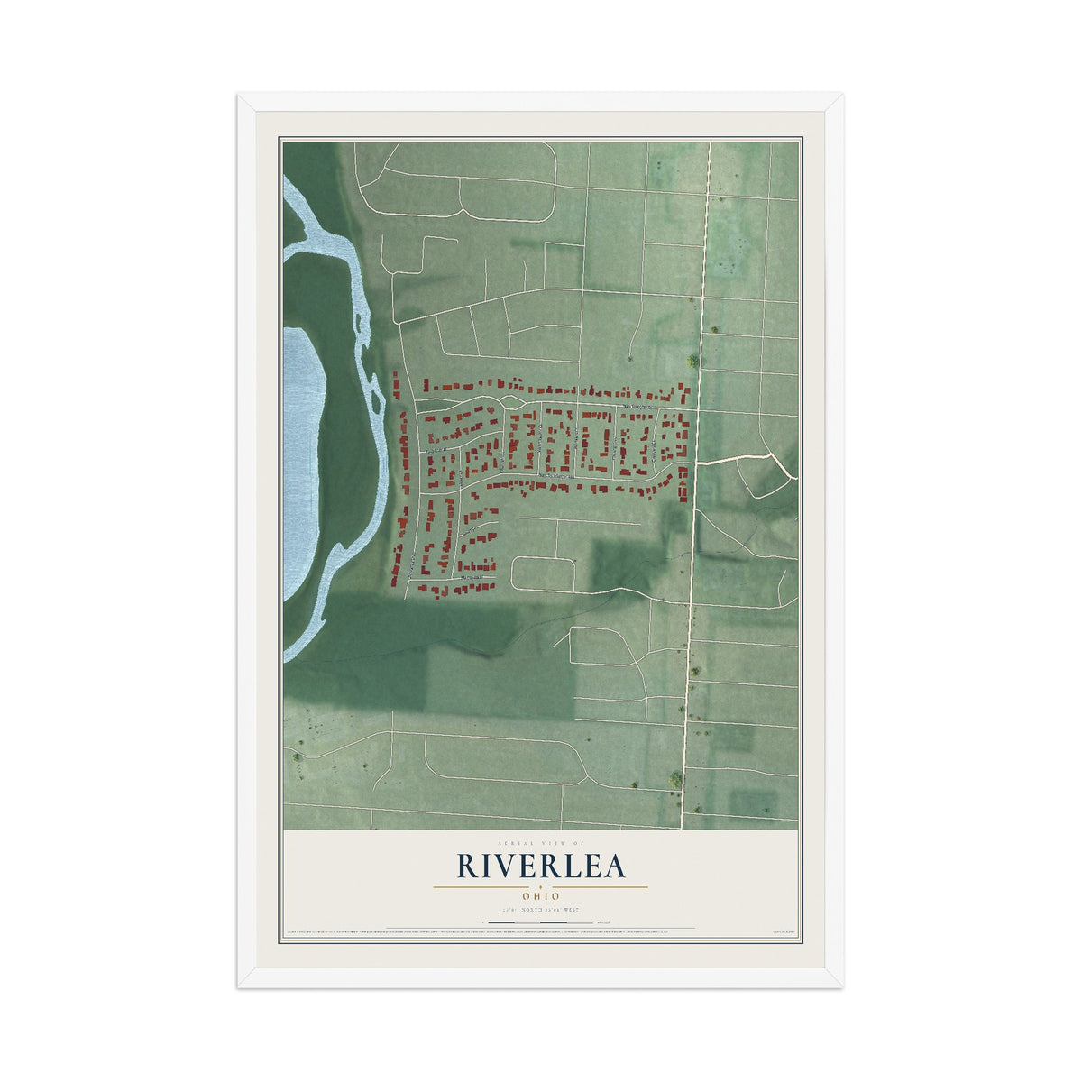 Map of Riverlea, Ohio, 12 x 18 inch print in a white wood frame