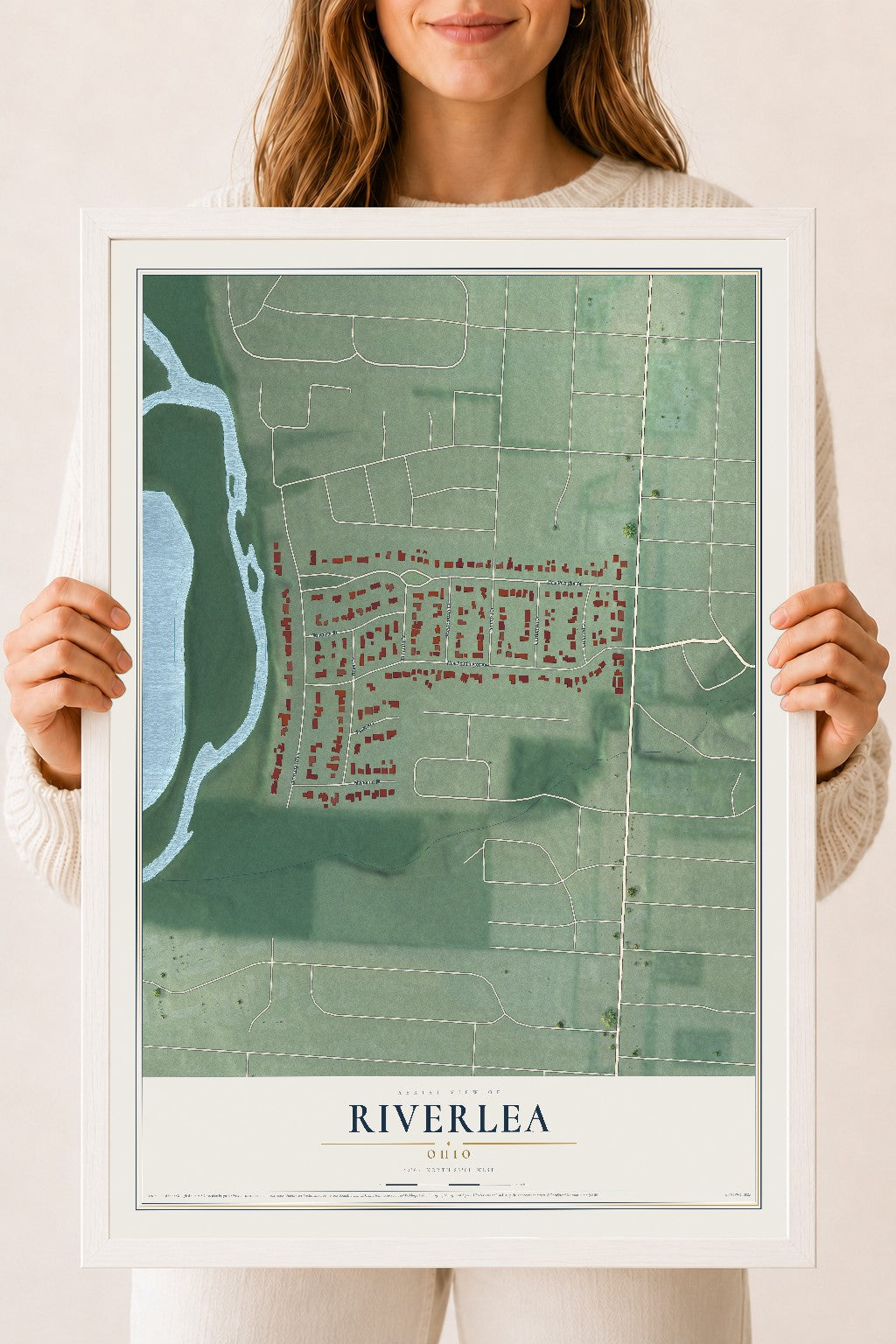 Map of Riverlea, Ohio, 18 x 24 inch print in a white wood frame