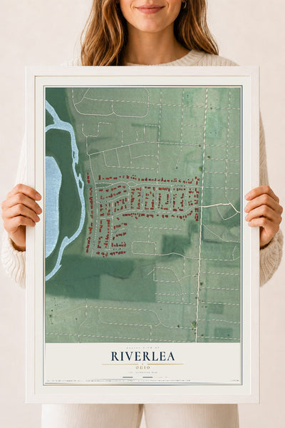 Map of Riverlea, Ohio, 18 x 24 inch print in a white wood frame