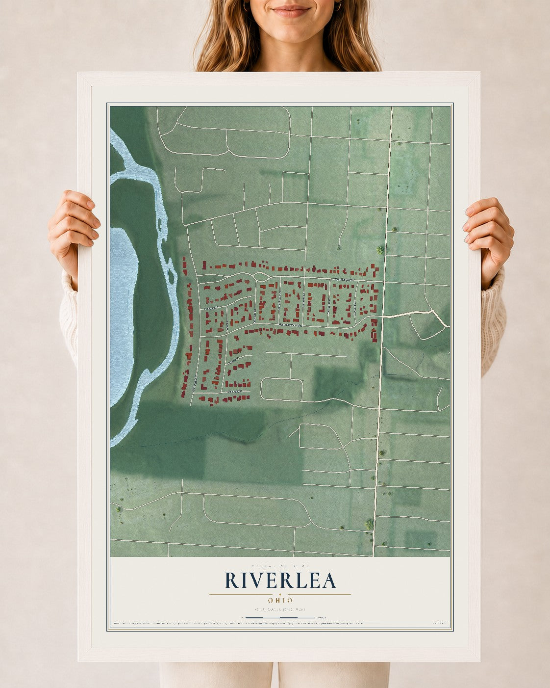 Map of Riverlea, Ohio, 24 x 36 inch print in a white wood frame