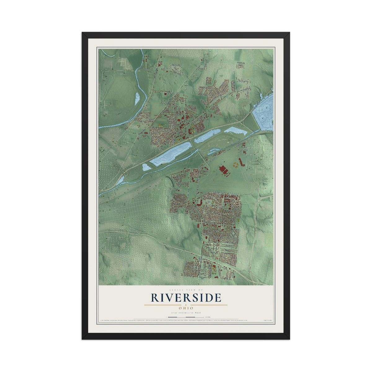 Map of Riverside, Ohio, 12 x 18 inch print in a black wood frame