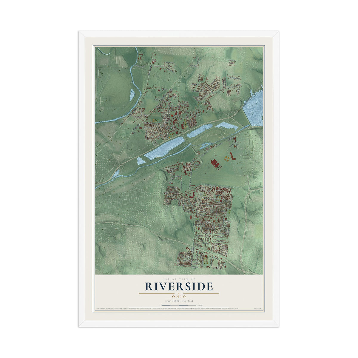 Map of Riverside, Ohio, 12 x 18 inch print in a white wood frame