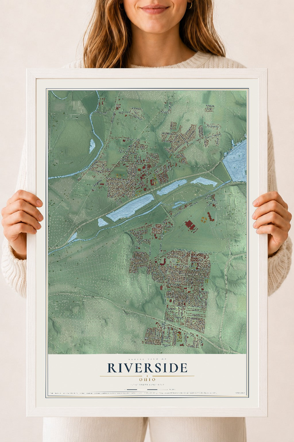 Map of Riverside, Ohio, 18 x 24 inch print in a white wood frame