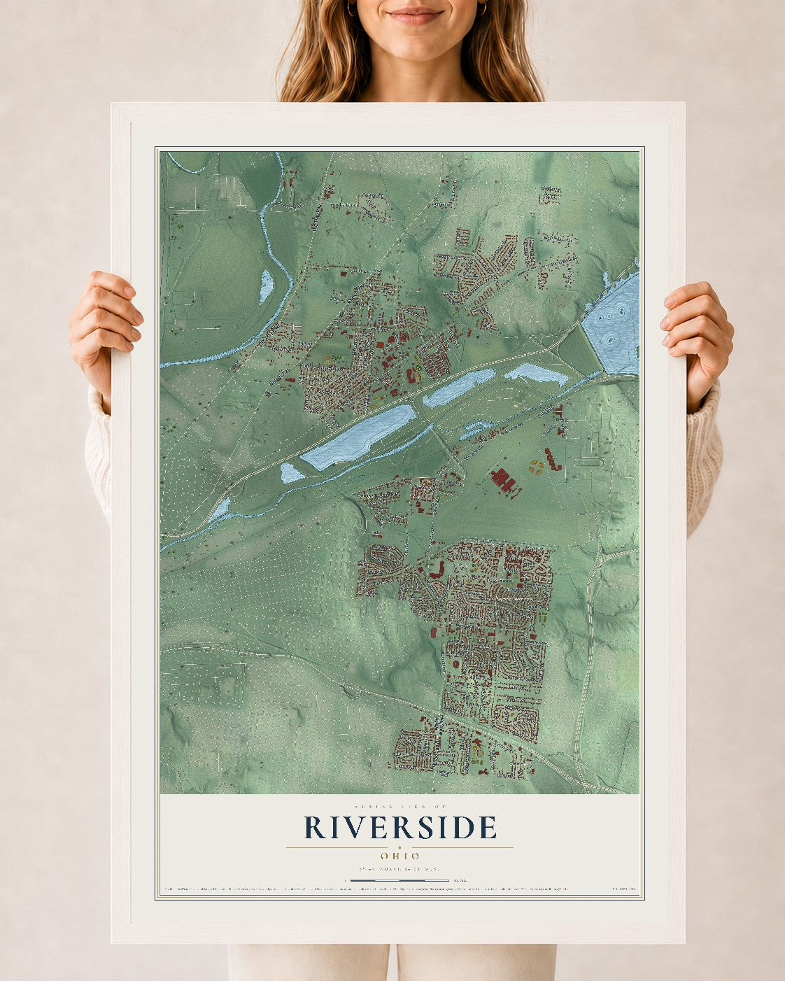 Map of Riverside, Ohio, 24 x 36 inch print in a white wood frame