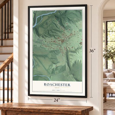 Roachester, Ohio map, 24 x 36 inch print in a black frame by a staircase