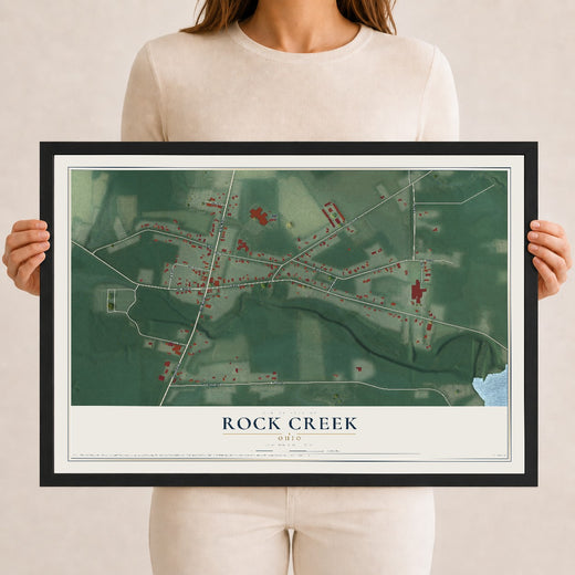 Map of Rock Creek, Ohio, 12 x 18 inch print in a black wood frame