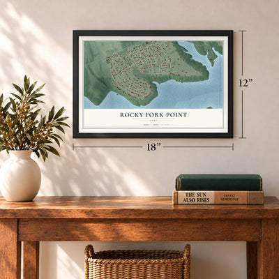 Rocky Fork Point, Ohio map, 12 x 18 inch print in a black frame in an entryway