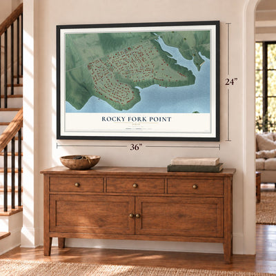 Rocky Fork Point, Ohio map, 24 x 36 inch print in a black frame above a dresser by a staircase