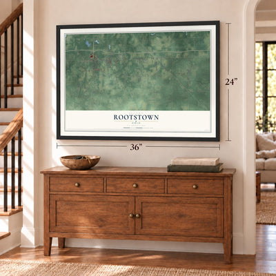 Rootstown, Ohio map, 24 x 36 inch print in a black frame above a dresser by a staircase