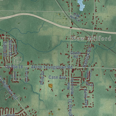 Close-up of the map of Rootstown, Ohio print showing street and building detail