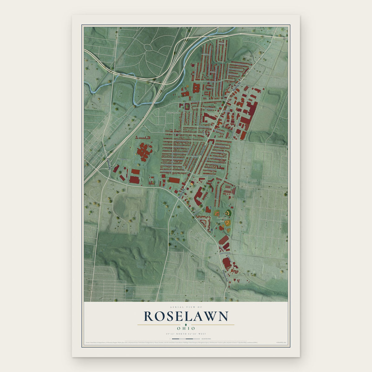 Roselawn, Ohio map print, the full design