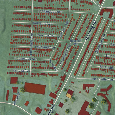 Close-up of the map of Roselawn, Ohio print showing street and building detail