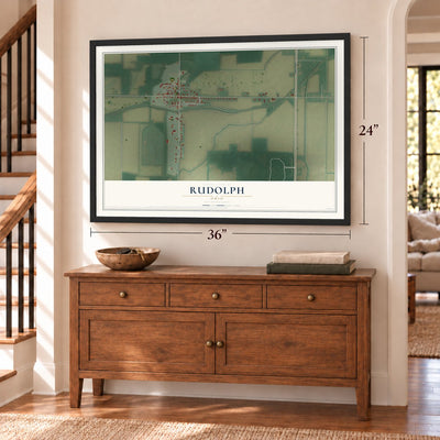 Rudolph, Ohio map, 24 x 36 inch print in a black frame above a dresser by a staircase