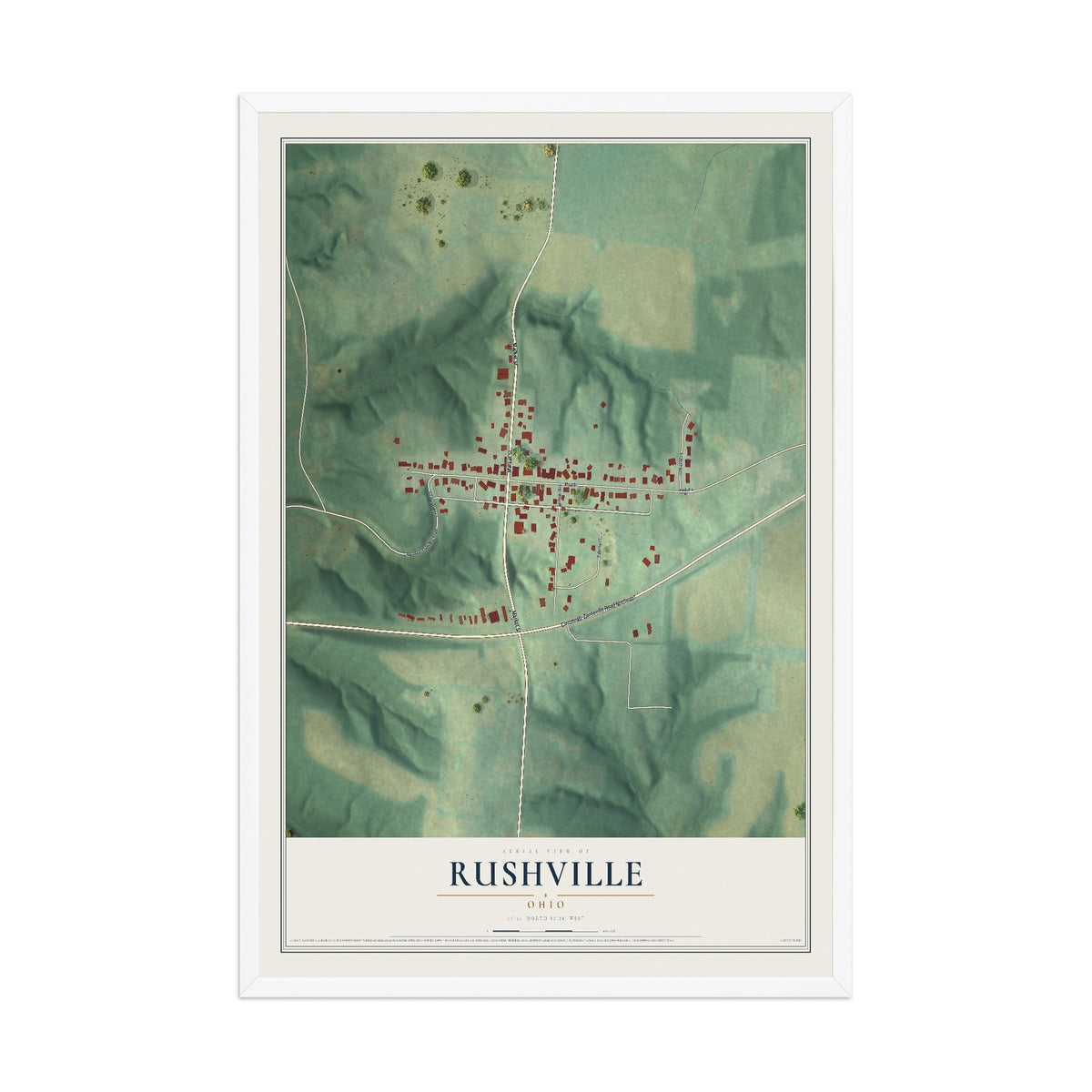 Map of Rushville, Ohio, 12 x 18 inch print in a white wood frame