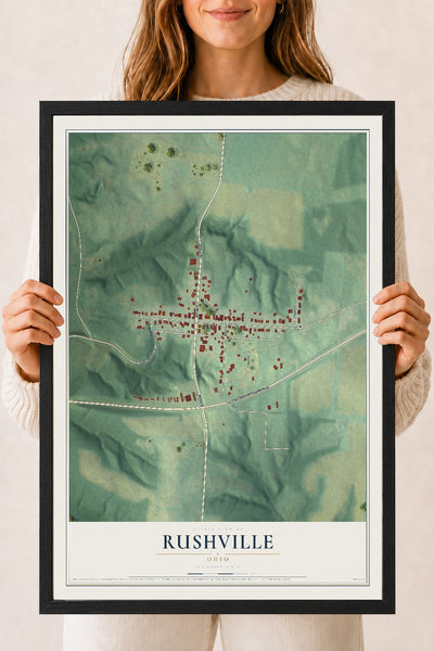 Map of Rushville, Ohio, 18 x 24 inch print in a black wood frame