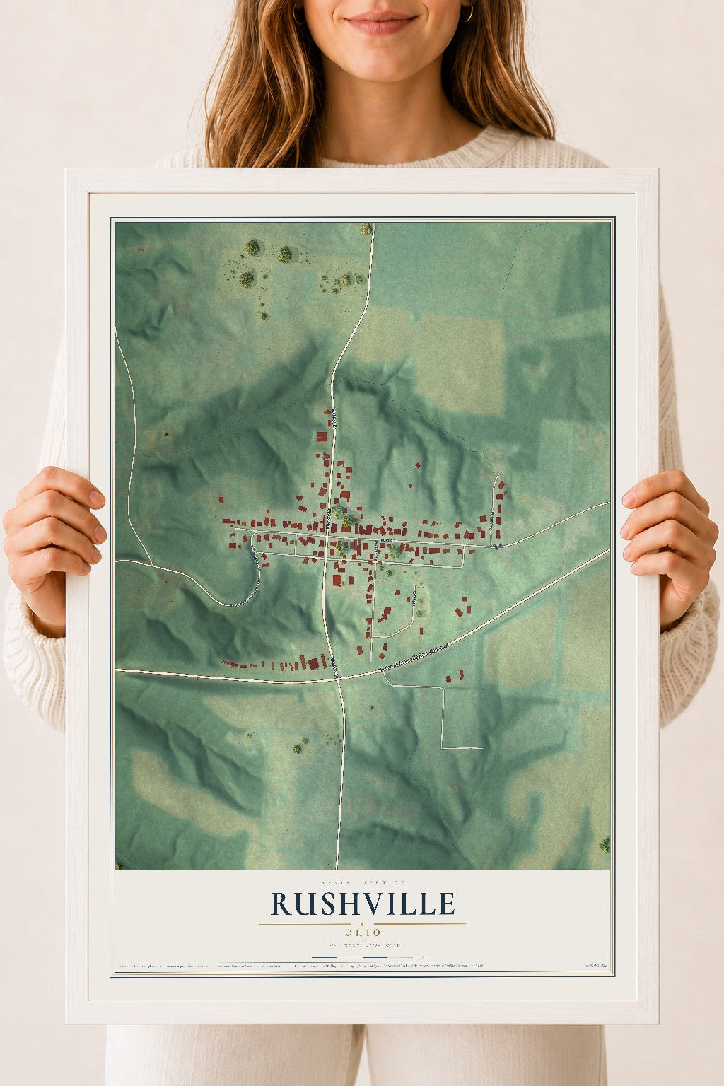Map of Rushville, Ohio, 18 x 24 inch print in a white wood frame