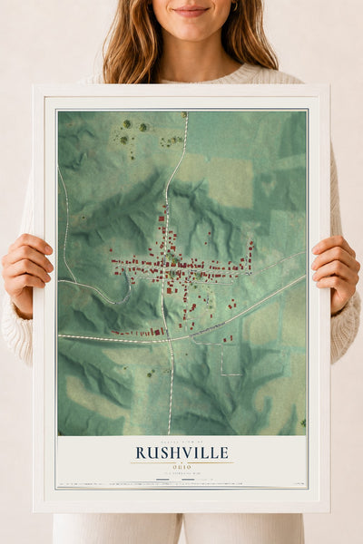 Map of Rushville, Ohio, 18 x 24 inch print in a white wood frame