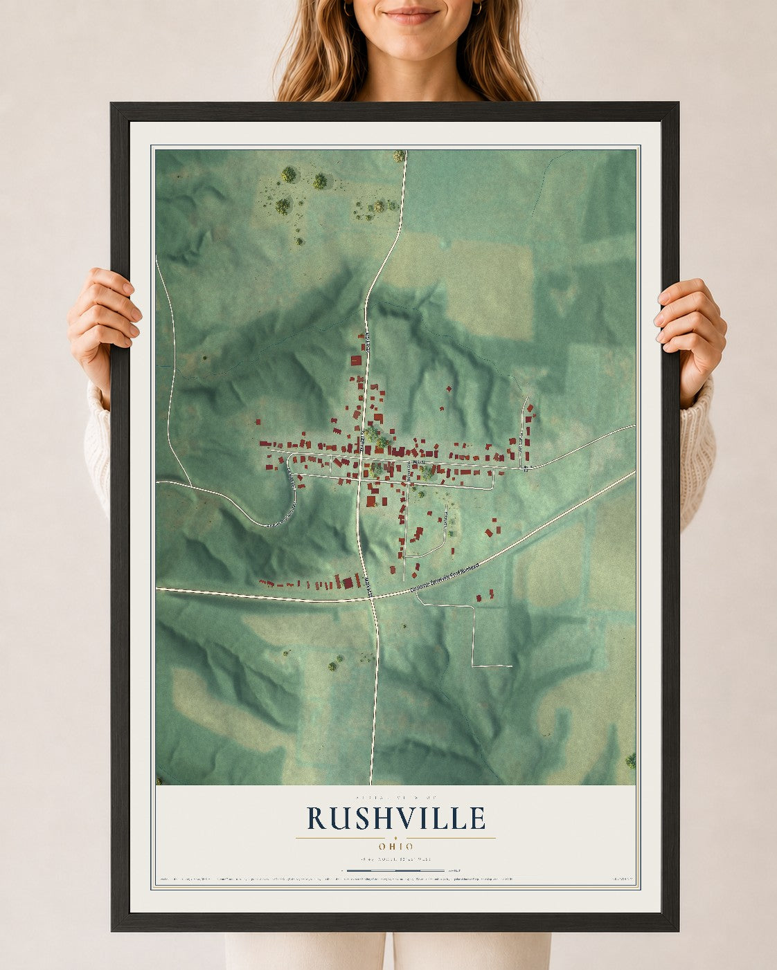 Map of Rushville, Ohio, 24 x 36 inch print in a black wood frame