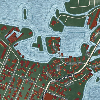 Close-up of the map of Russells Point, Ohio print showing street and building detail