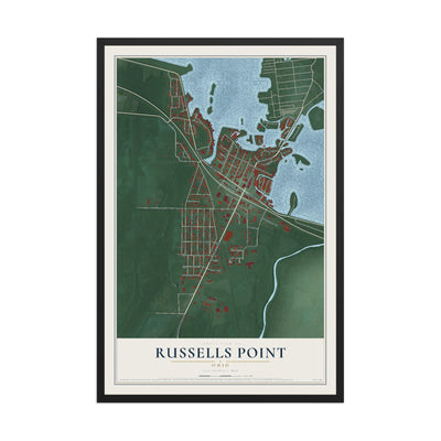 Map of Russells Point, Ohio, 12 x 18 inch print in a black wood frame