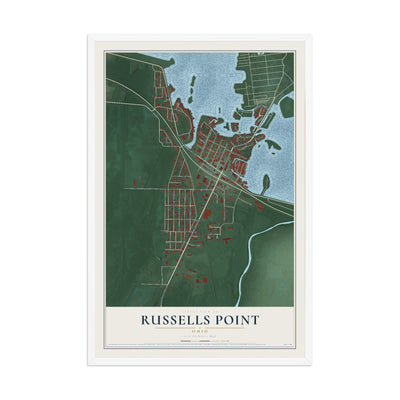 Map of Russells Point, Ohio, 12 x 18 inch print in a white wood frame