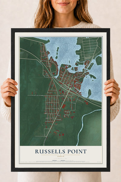 Map of Russells Point, Ohio, 18 x 24 inch print in a black wood frame