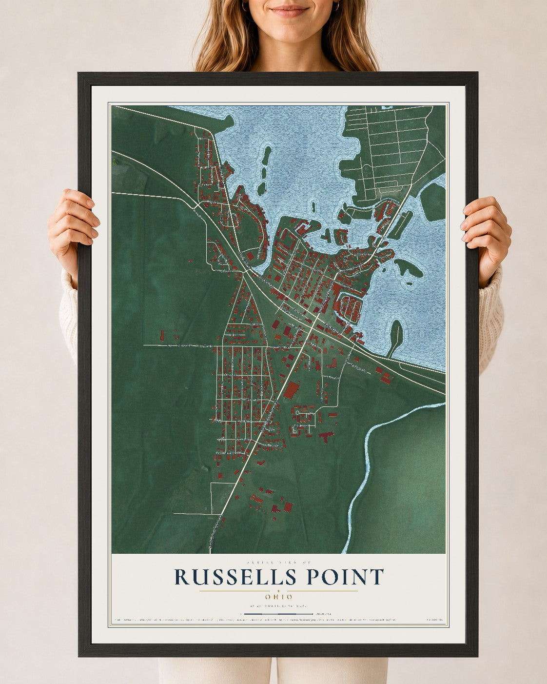 Map of Russells Point, Ohio, 24 x 36 inch print in a black wood frame