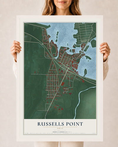 Map of Russells Point, Ohio, 24 x 36 inch print in a white wood frame