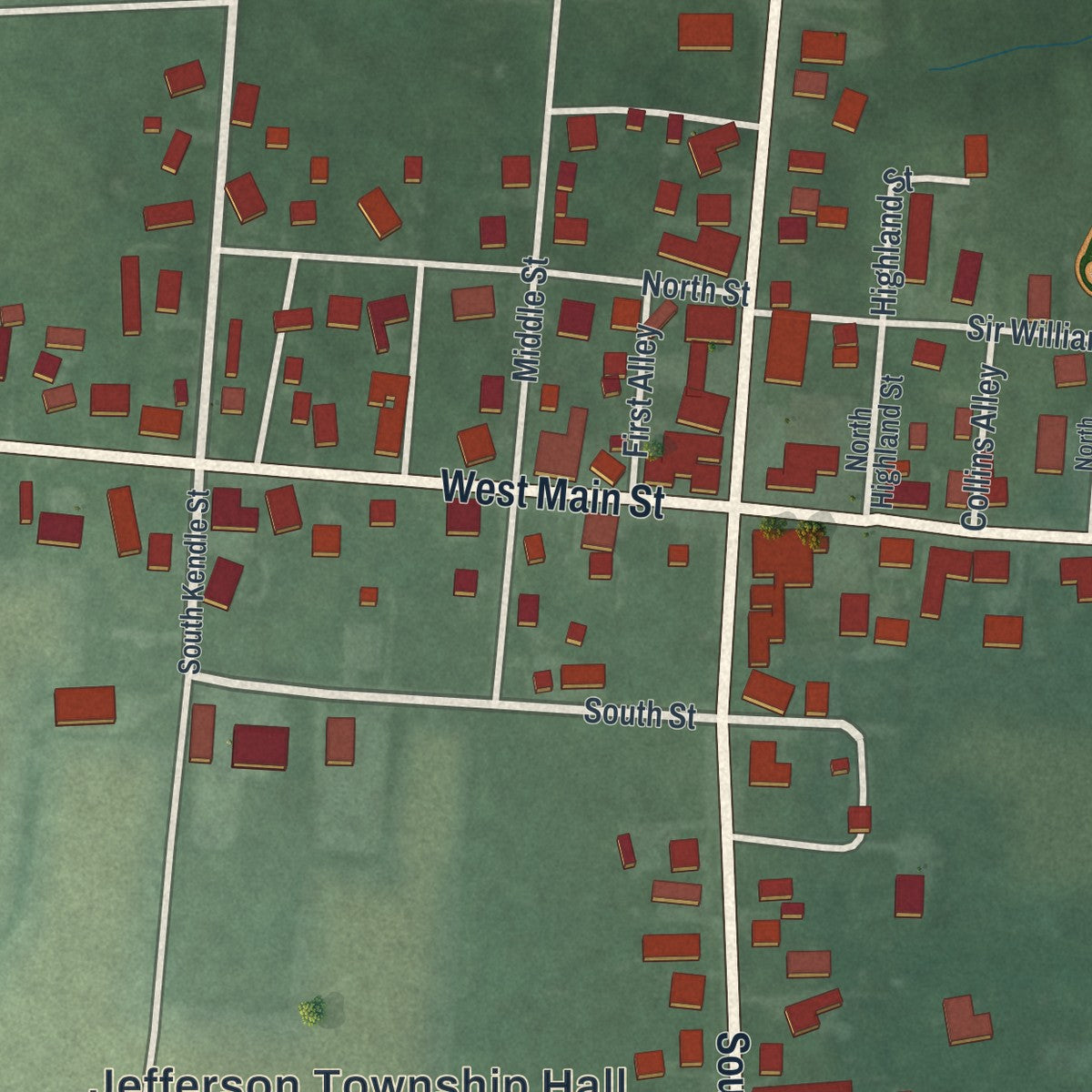 Close-up of the map of Russellville, Ohio print showing street and building detail