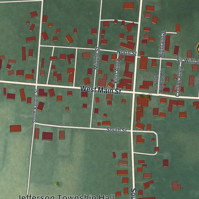 Close-up of the map of Russellville, Ohio print showing street and building detail