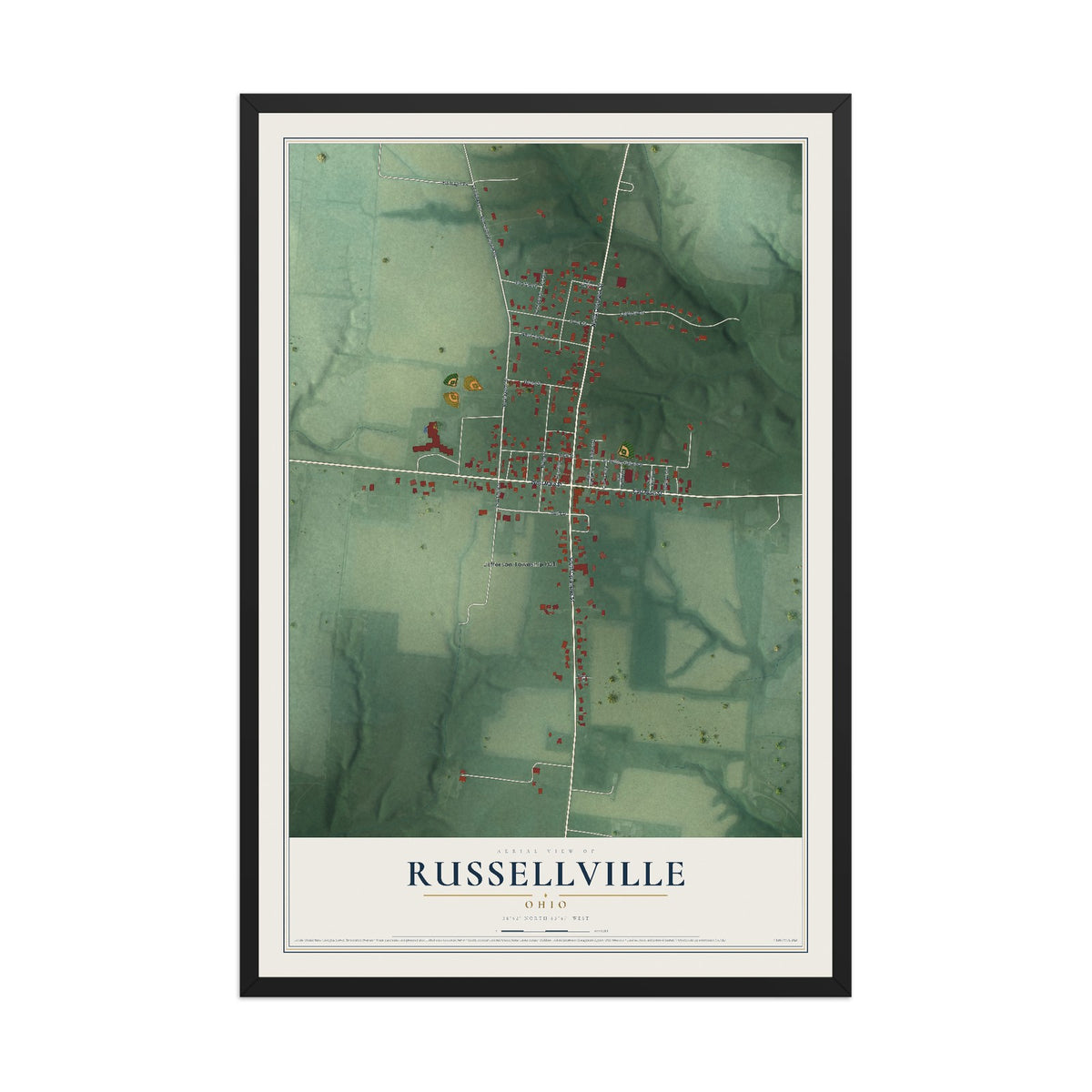 Map of Russellville, Ohio, 12 x 18 inch print in a black wood frame