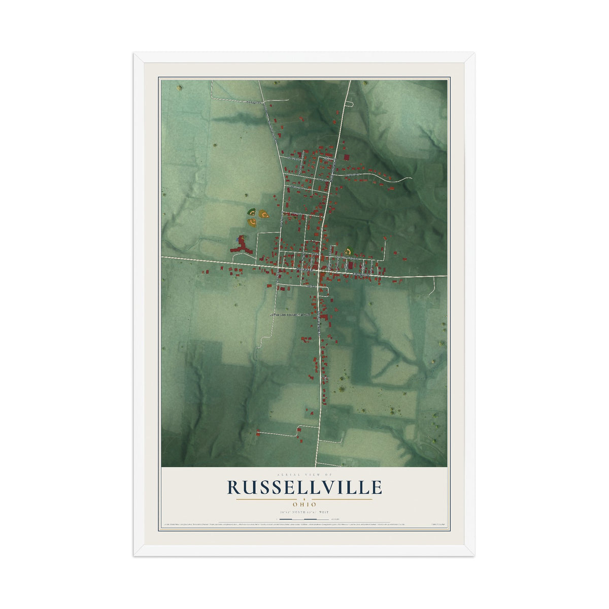 Map of Russellville, Ohio, 12 x 18 inch print in a white wood frame