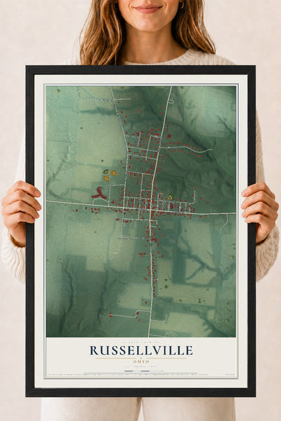 Map of Russellville, Ohio, 18 x 24 inch print in a black wood frame