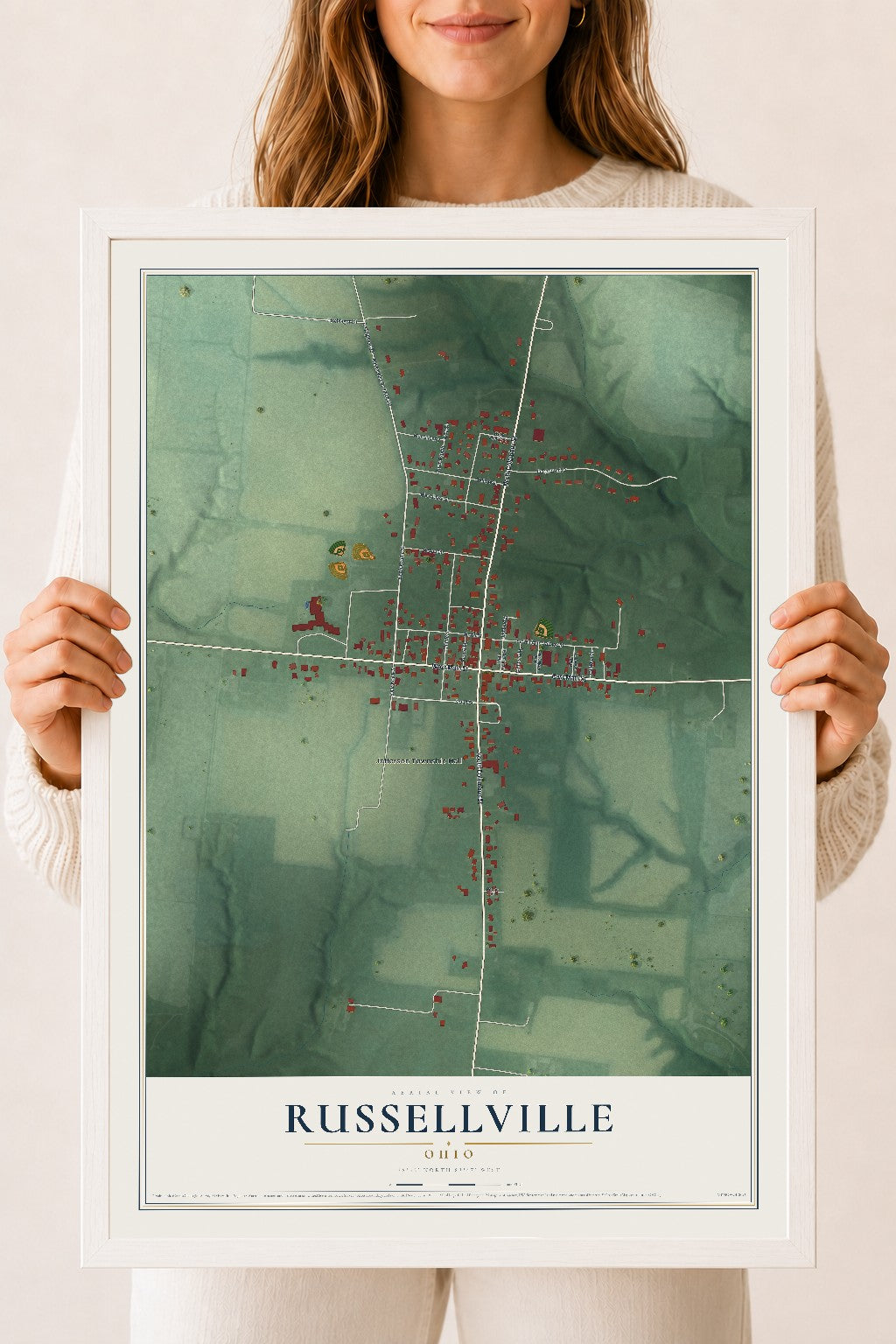 Map of Russellville, Ohio, 18 x 24 inch print in a white wood frame