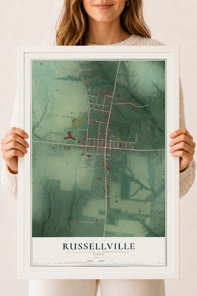 Map of Russellville, Ohio, 18 x 24 inch print in a white wood frame