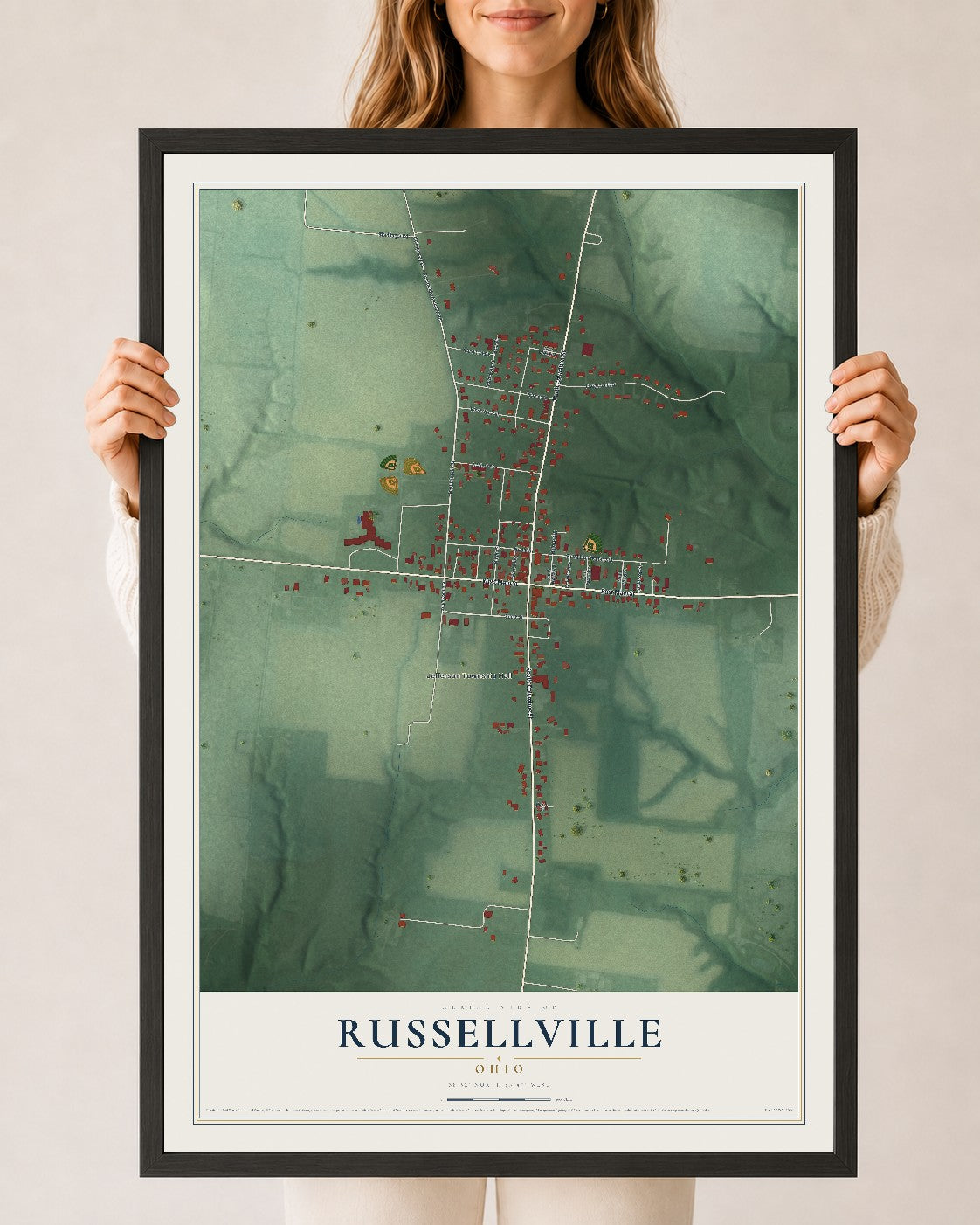 Map of Russellville, Ohio, 24 x 36 inch print in a black wood frame