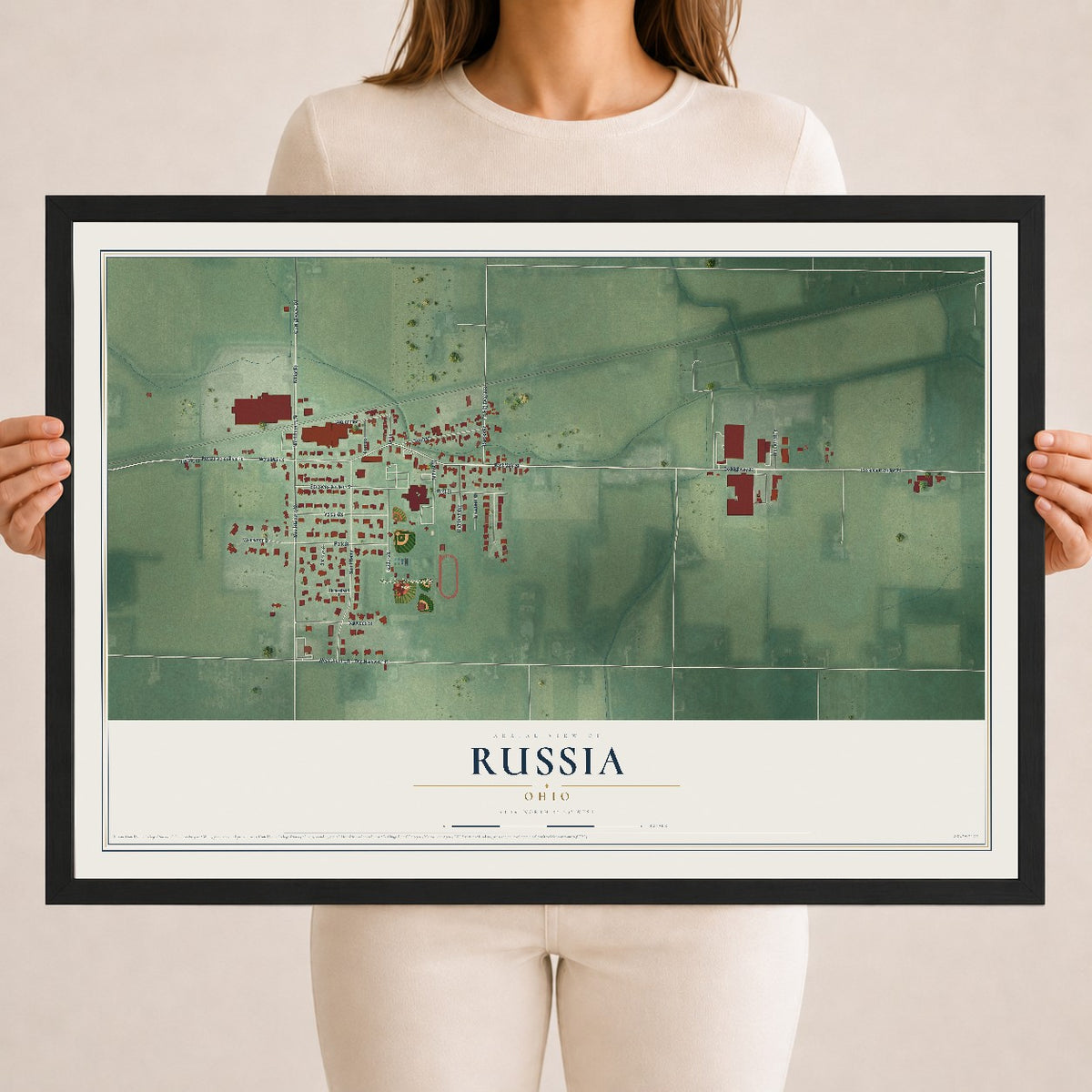 Map of Russia, Ohio, 18 x 24 inch print in a black wood frame